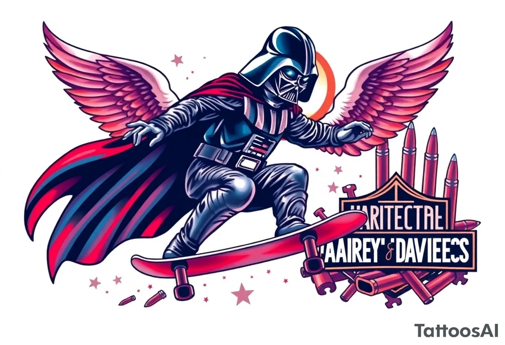 darth vader skateboarding, heaven, outdoors, harley davidson, bullets, puzzle red & blue colors

WORDS "Seth J. Carter"
12/29/88-01/06/24 tattoo idea