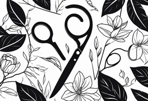 flowery vines with leaves with a lowkey pair of scissors for cutting hair tattoo idea