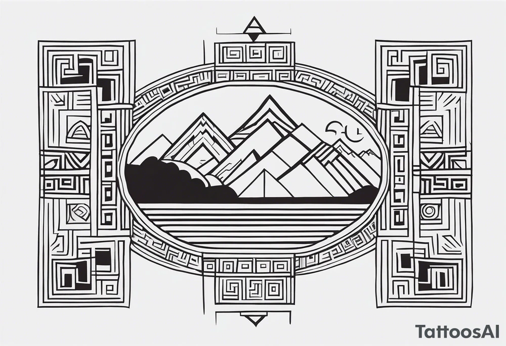 Create a tattoo design in a linear geometric art style depicting images associated with Peru, such as Machu Picchu, llamas or traditional textile patterns. The tattoo should be done in a monochromatic black and white color scheme with clear outlines and minimal details to create an elegant and modern composition. tattoo idea