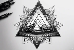 Un triangulo con una persona al medio, estilo de dibujo con lineas en blanco y negro mas simple solo lineas y una persona al centro, no mas de 6 lineas tattoo idea