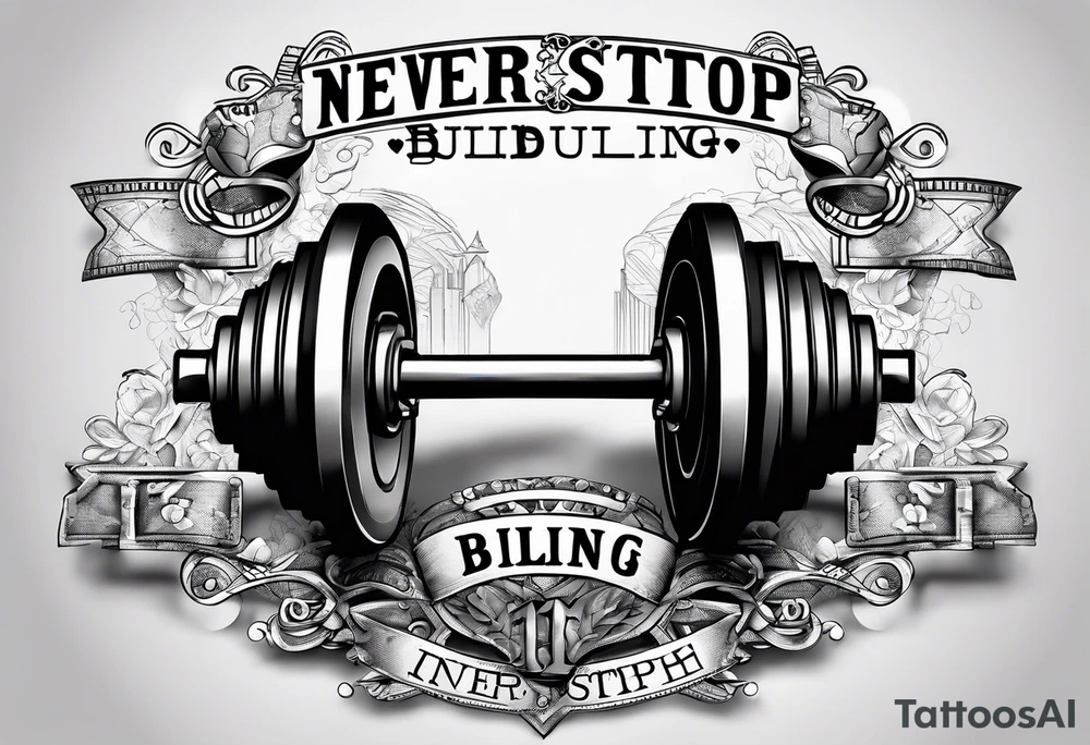 The text "Never Stop Building" with an image of a dumbell and angle brackets tattoo idea