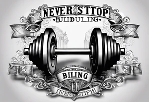 The text "Never Stop Building" with an image of a dumbell and angle brackets tattoo idea