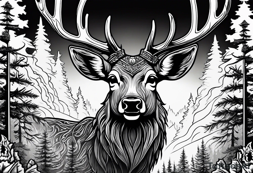 A frightening horror DECAYING deer head JUST BONE surrounded by a forest fire in background tattoo idea