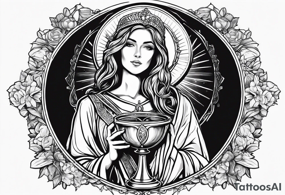 woman saint holding chalice surrounded by golden halo portrait tattoo idea