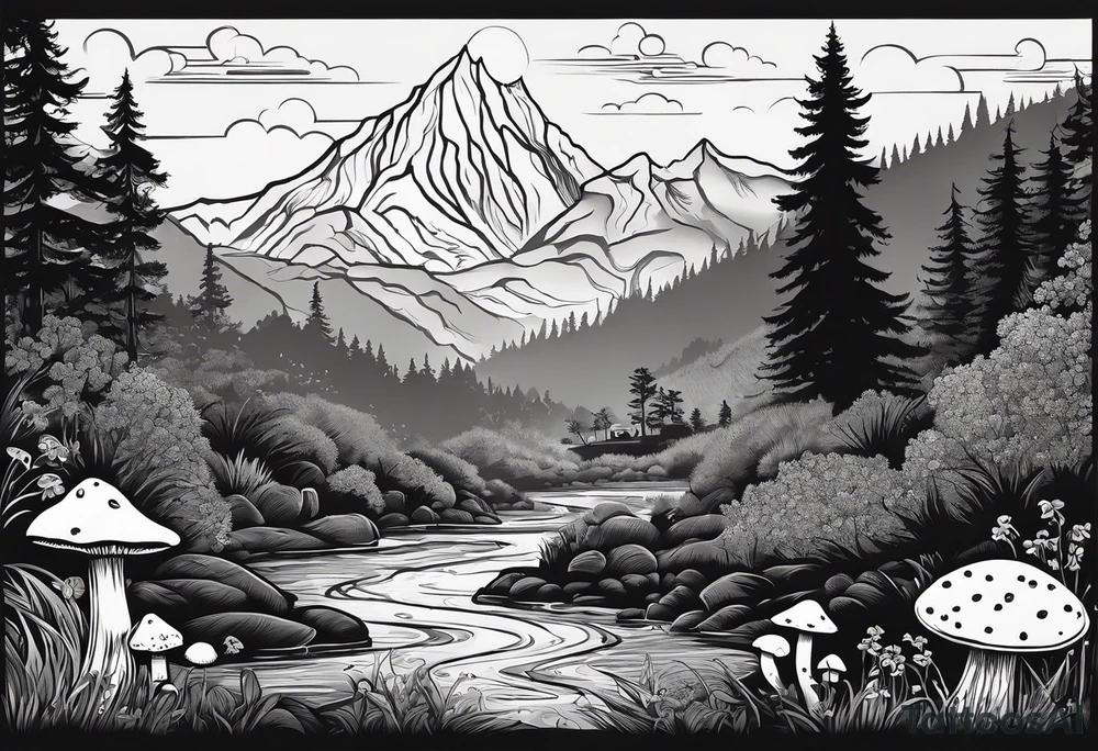 Family silhouette of a father, a mother with long straight blonde hair, grown son, middle daughter, and small daughter foraging mushrooms with mountains and creek in background tattoo idea