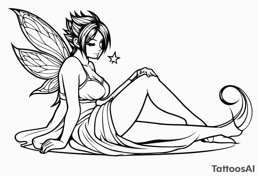 A fairy with a tail inspired by the logo of the show called Fairy Tail in a fetal position leaning in tattoo idea