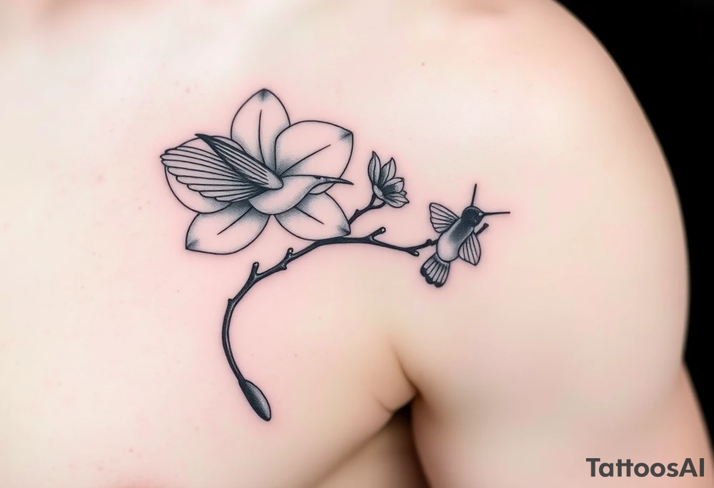 A delicate, black and white fine-line tattoo for male, featuring gracefully detailed 2 orchids in full bloom including their stems, with soft, intricate petals and elegant curves. Beside it, a hummingbird hovers mid-flight, its wings drawn with subtle motion lines, its slender beak reaching toward the orchid’s center to drink its nectar. on the other flower there is a bee that is resting tattoo idea