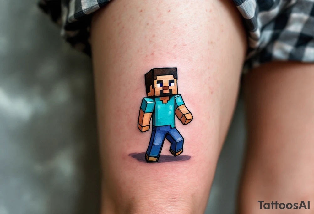 Small Minecraft Steve tattoo more vibrant colors more cartoonish walking very small tattoo idea