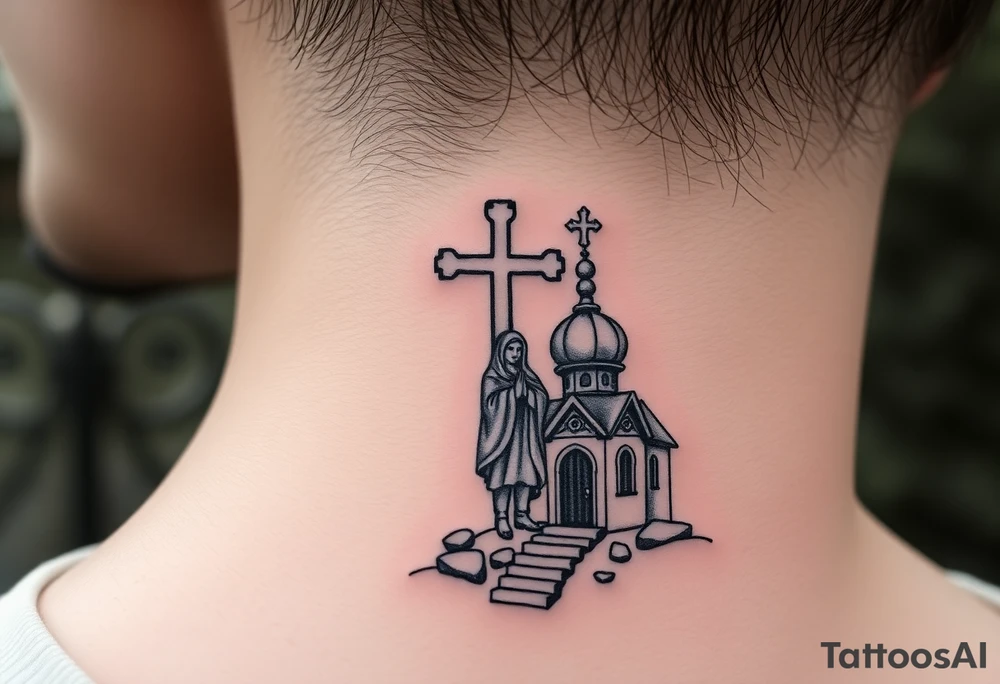 russian design traditional christian orthodox cross with a virgin mary stood beside the entrance of a russian orthodox dome church on the side of the neck in a wilderness setting tattoo idea