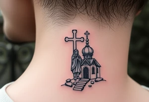 russian design traditional christian orthodox cross with a virgin mary stood beside the entrance of a russian orthodox dome church on the side of the neck in a wilderness setting tattoo idea