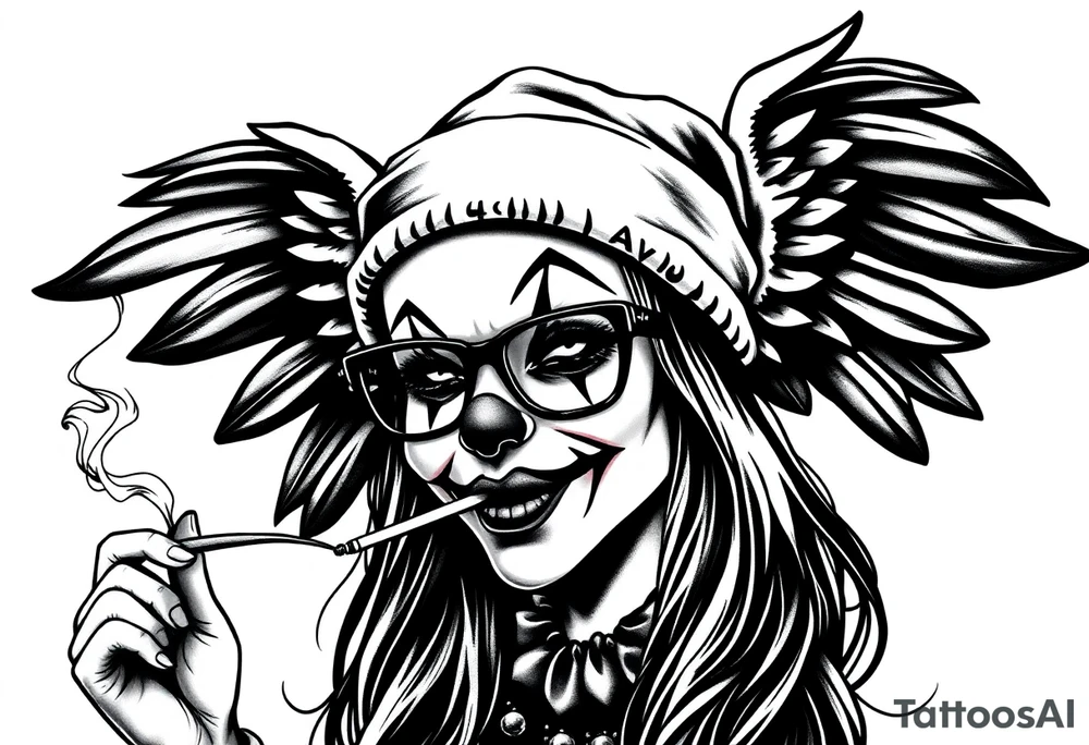 beautiful long hair pin up Clown face Girl payasa  thug beanie eyeglasses  angelic wings smoking a cigarette tattoo idea