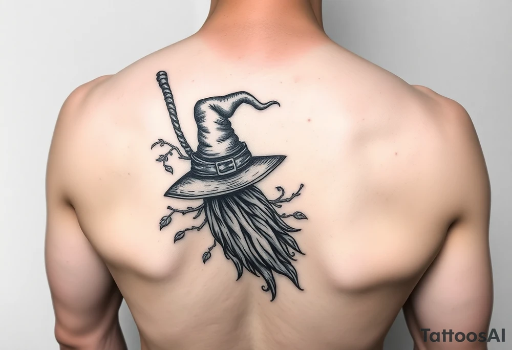 Which is broom with a witches hat with vines and feathers on your leg 
Smaller broom with hat placed on top or in the middle tattoo idea