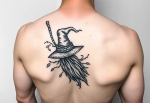Which is broom with a witches hat with vines and feathers on your leg 
Smaller broom with hat placed on top or in the middle tattoo idea