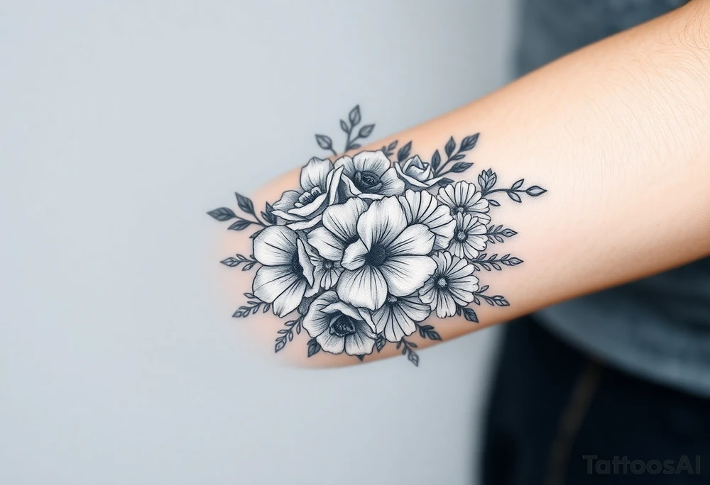 Bouquet of roses, snowdrops, marigolds, asters and gladioli tattoo idea
