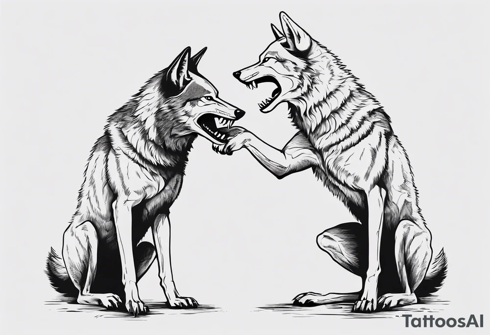 two wolves with their jaws closed and dancing on their hind legs. they should be visibly dancing and facing one another. They should have their jaws closed tattoo idea