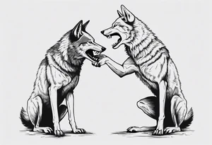 two wolves with their jaws closed and dancing on their hind legs. they should be visibly dancing and facing one another. They should have their jaws closed tattoo idea