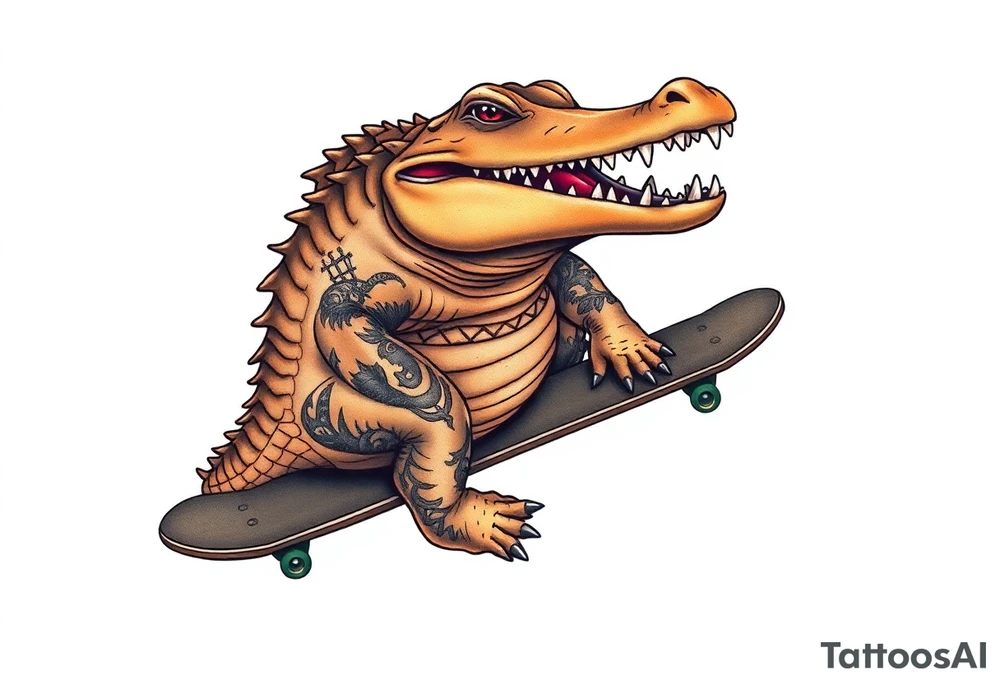 crocodile riding a skateboard with piercings and tattoos tattoo idea