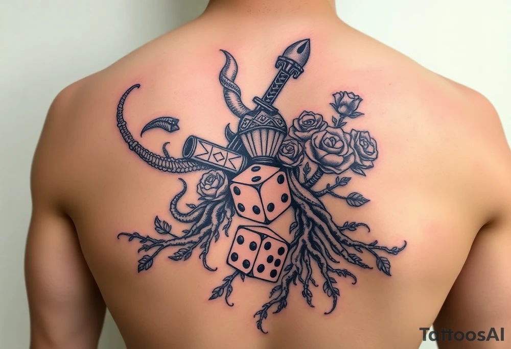 Gods hand, squid, knight with roses and tree roots rolling dice tattoo idea