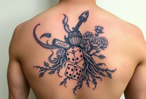 Gods hand, squid, knight with roses and tree roots rolling dice tattoo idea
