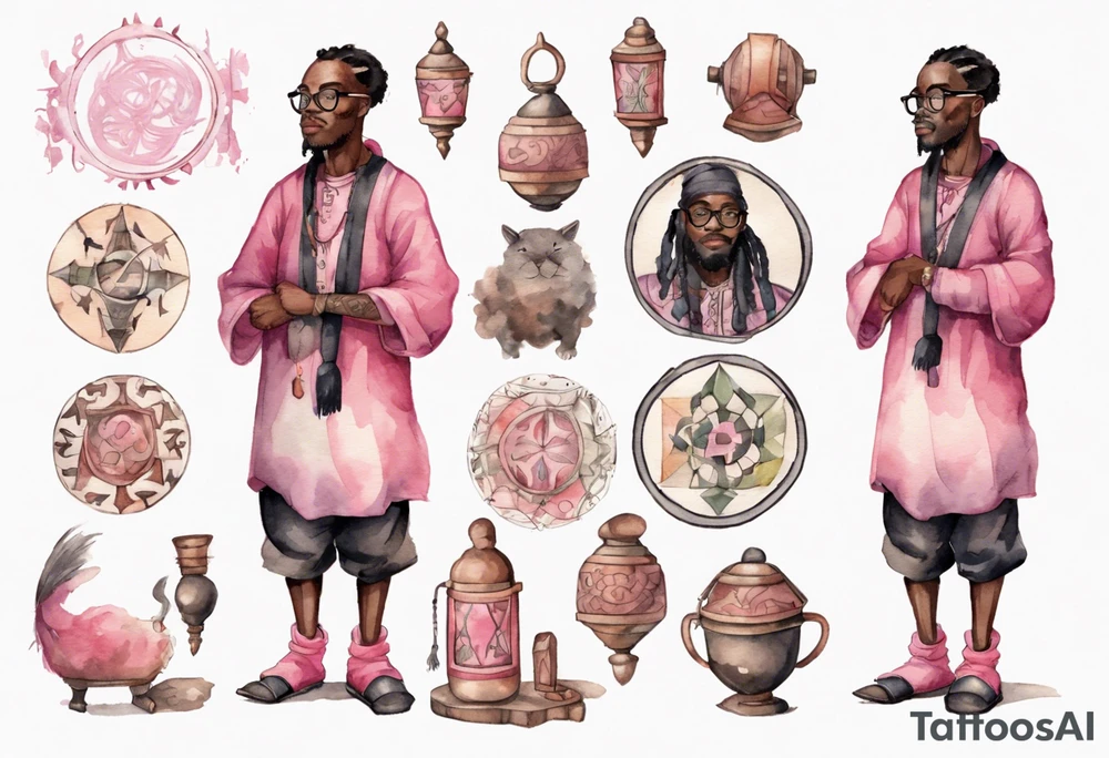 a medieval black man wearing round glasses, wearing a pink and black tunic, wearing mukluks tattoo idea