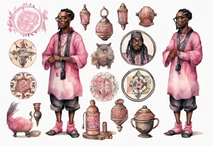 a medieval black man wearing round glasses, wearing a pink and black tunic, wearing mukluks tattoo idea