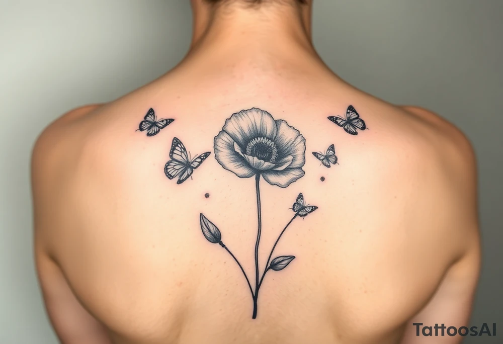 Mama of two baby girls tattoo with poppy flower and butterflies tattoo idea
