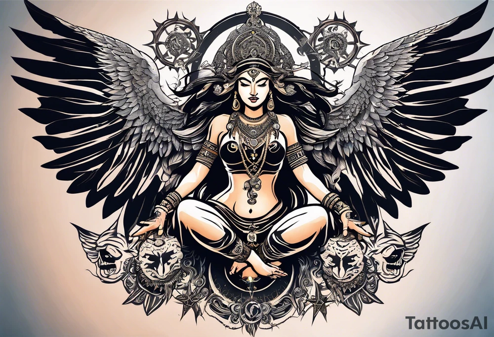 black kali, goddess pirate, alien, angel, pachamama, valkrye, warrior, flying, skull, lotus azul, wing, eagle, zenza resonance, stars, 5D, anahata chakra, death, durga, riding on a tiger, flying lady tattoo idea