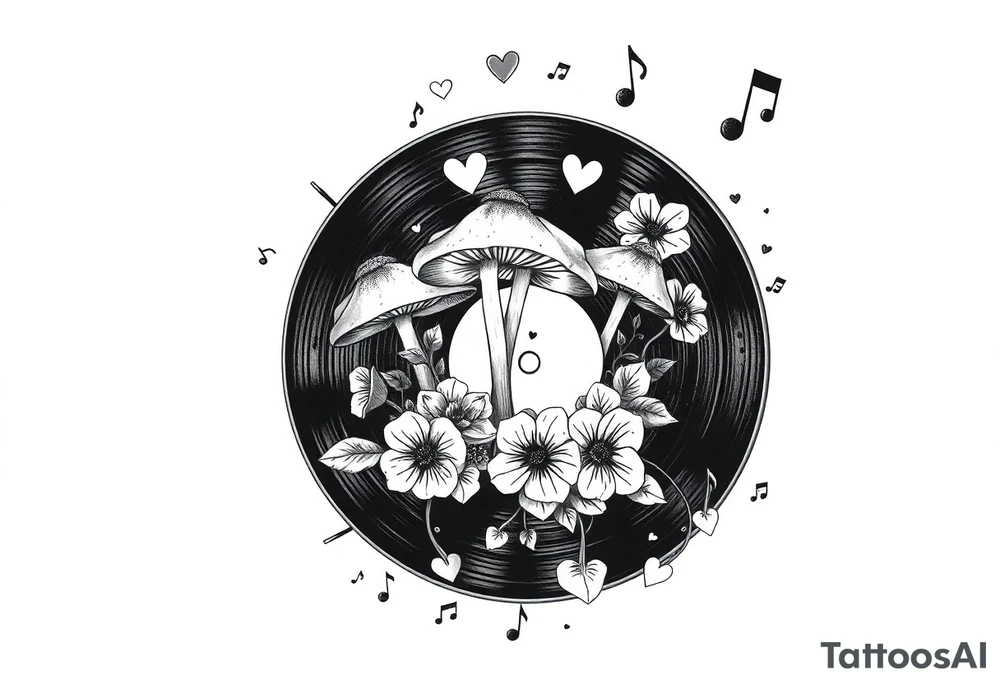 vinyl record with mushrooms, flowers, hearts, and music notes tattoo idea