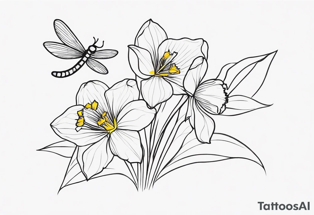 A minimalist tattoo design: Two daffodil flowers drawn with yellow lines, both blossoming from a single stem. On top of the flowers, there is a minimalist dragonfly, smaller in size than the flowers, drawn with purple lines. The stem of the daffodils extends downward and is designed to form the word ‘muadil’ in cursive handwriting, so that the stem and the writing appear as a unified whole. tattoo idea