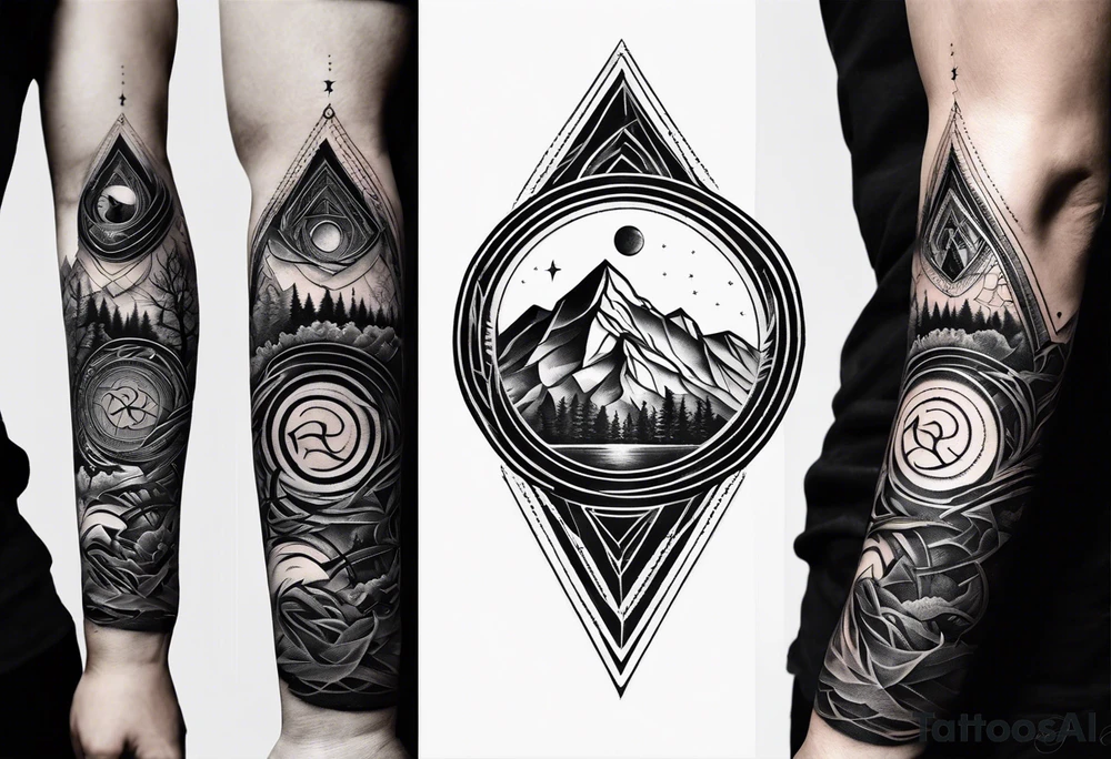 A geometric tattoo for the whole forearm with a mountain peak, Yggdrasil, a Triskelion and the moon intertwined with the geometric design tattoo idea