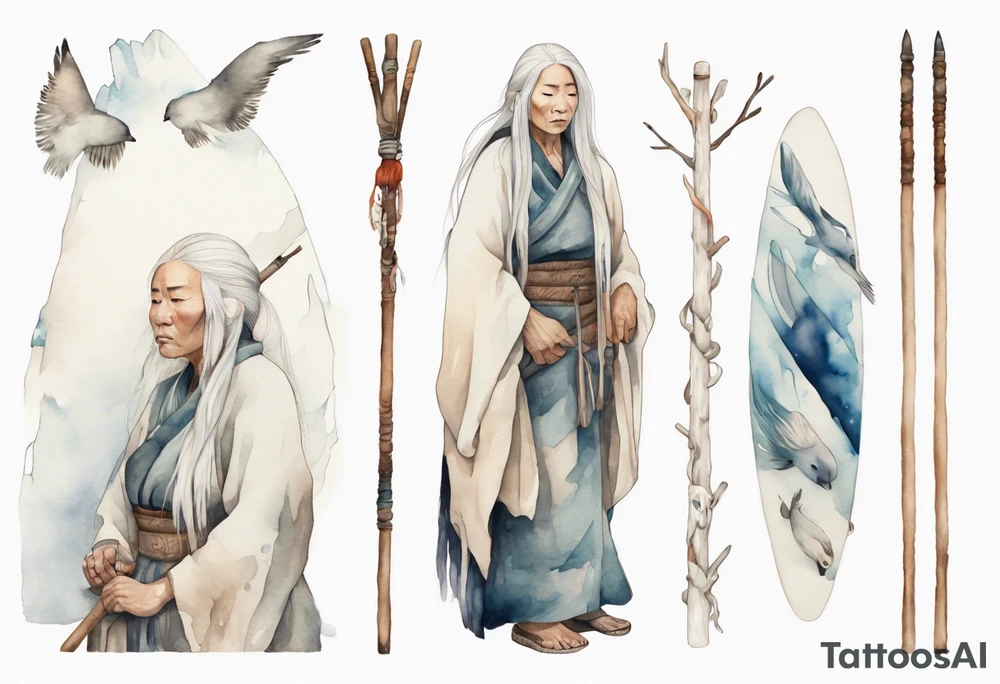 a solitary Inuit woman with long white hair holding onto a white wooden staff tattoo idea