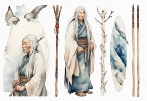 a solitary Inuit woman with long white hair holding onto a white wooden staff tattoo idea