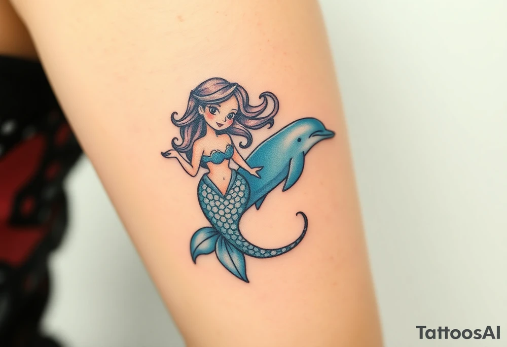 A mermaid swimming along with a dolphin tattoo idea