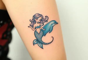 A mermaid swimming along with a dolphin tattoo idea