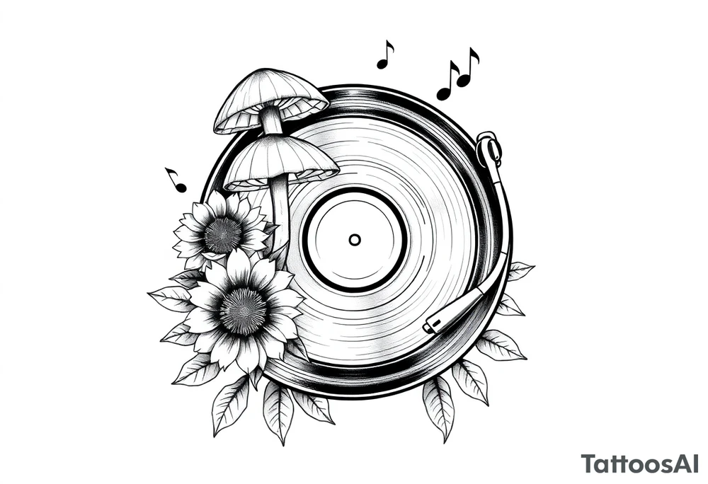 vinyl record player with mushrooms, sunflowers, and music notes around it tattoo idea