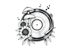 vinyl record player with mushrooms, sunflowers, and music notes around it tattoo idea