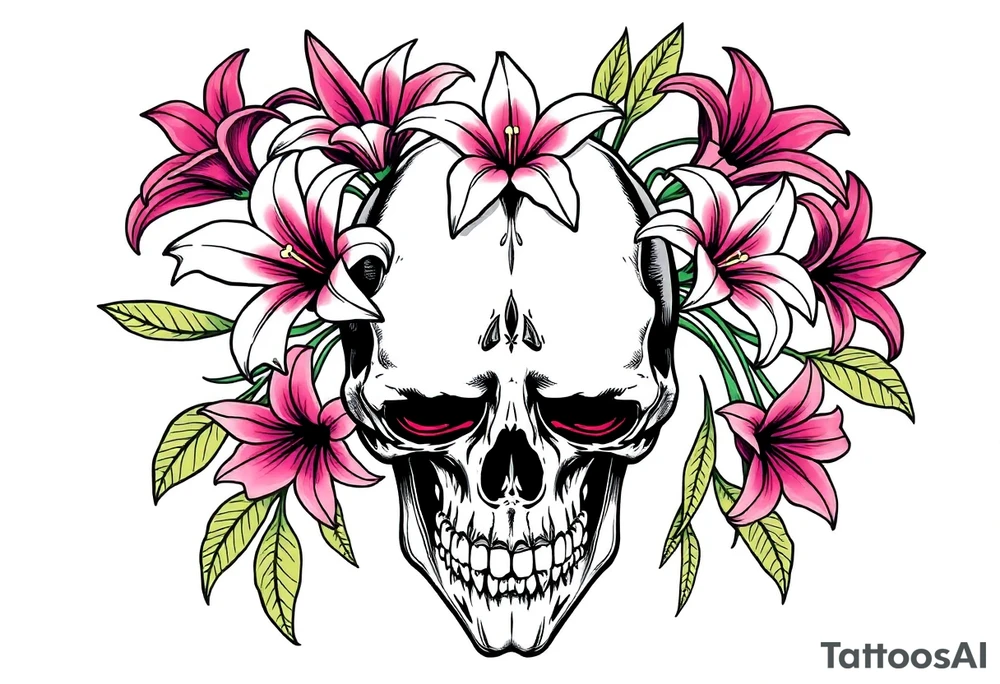 Lillies coming out of back of humanoid skull tattoo idea