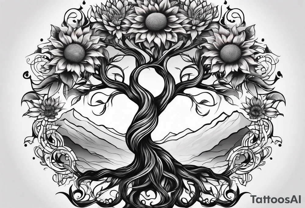 Feminine Yggdrasil tree with two sunflowers tattoo idea