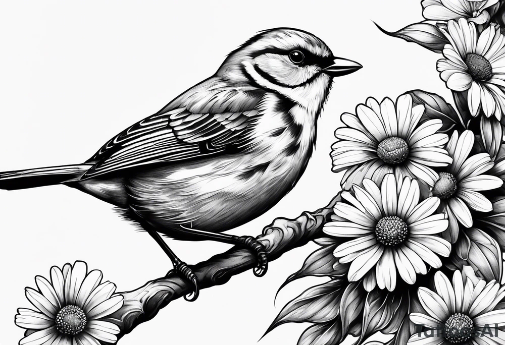 little bird, sitting on a branch biting a daisy tattoo idea