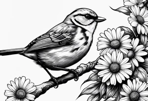 little bird, sitting on a branch biting a daisy tattoo idea