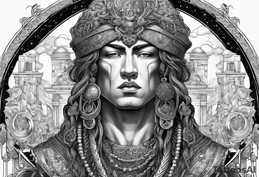 ancient god atlas ( young looking version ) surrounded by big chains and carrying the world top of his head tattoo idea