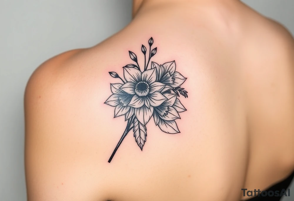 shoulder tattoo for women with bouquet of daffodils, daisy, lily of the valley tattoo idea