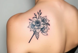 shoulder tattoo for women with bouquet of daffodils, daisy, lily of the valley tattoo idea