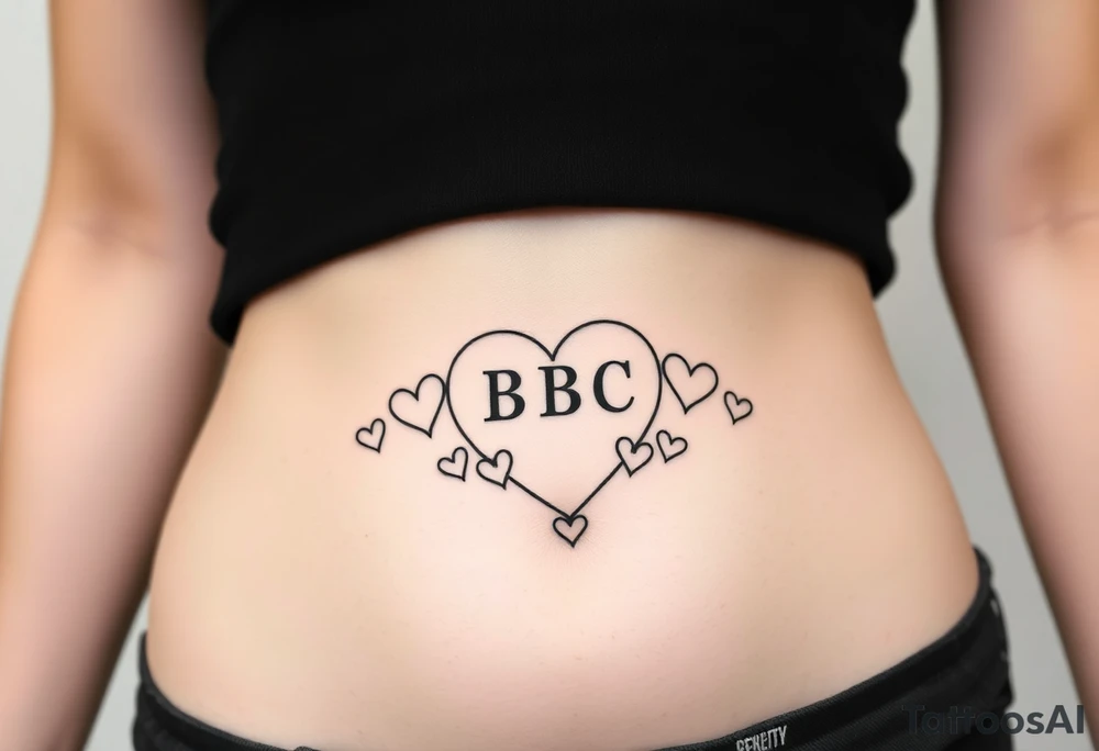 text reading "BBC" across a womb tattoo surrounded by hearts tattoo idea