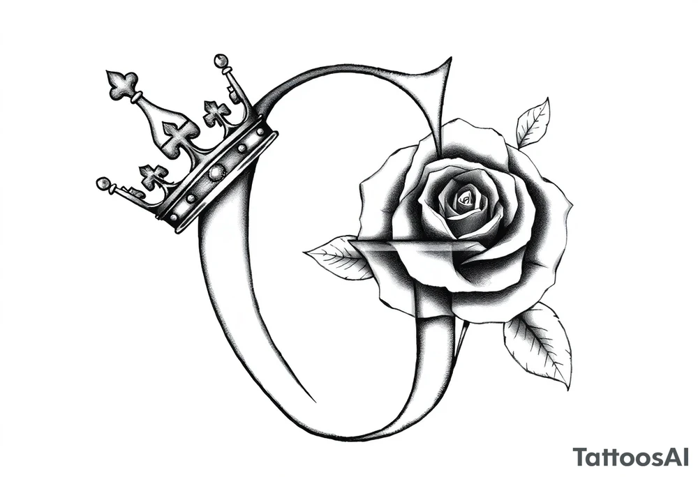 a capital G letter with a crown tilted to the left of it with a rose behind it tattoo idea