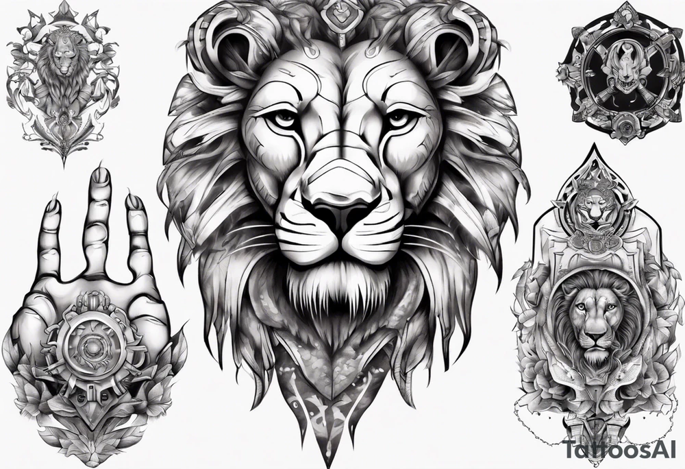 lion holding a khamssa hand with paw tattoo idea