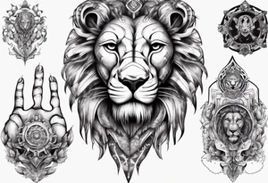 lion holding a khamssa hand with paw tattoo idea