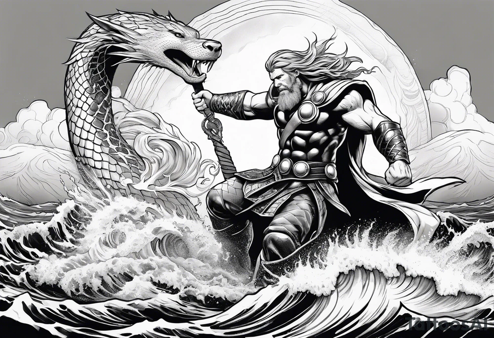 Thor fighting the world serpent in the ocean in a typhoon tattoo idea