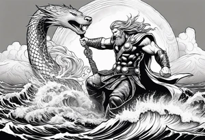 Thor fighting the world serpent in the ocean in a typhoon tattoo idea