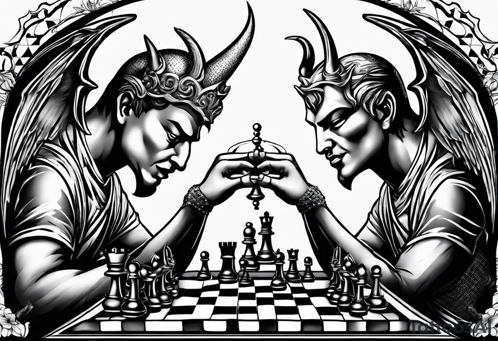 reaching devil and angel hands playing chess tattoo idea